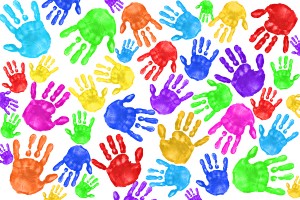 Multiple Painted Handprints of School Age Preschool Children