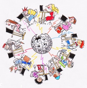 Illustrasjon av mange elever i en sirkel med hver sin datamaskin koblet sammen i et nettverk med jordkloden i midten.et nettver