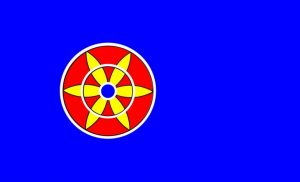 kvenfolkets flagg. En rød sirkel med en gul blomst på blå bakgrunn.