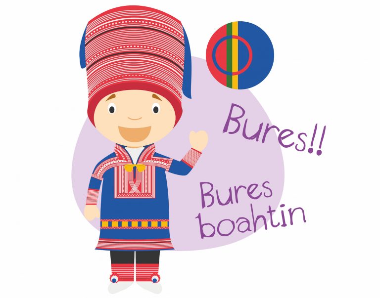tegning av barn i samisk nasjonaldrakt som sier hei og velkommen på samisk