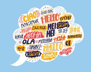 Hello in different languages. Speech bubble cloud with handwritten words. French bonjur, spanish hola, japanese konnichiwa, chinese nihao, indian namaste, korean annyeong. Concept illustration of international community