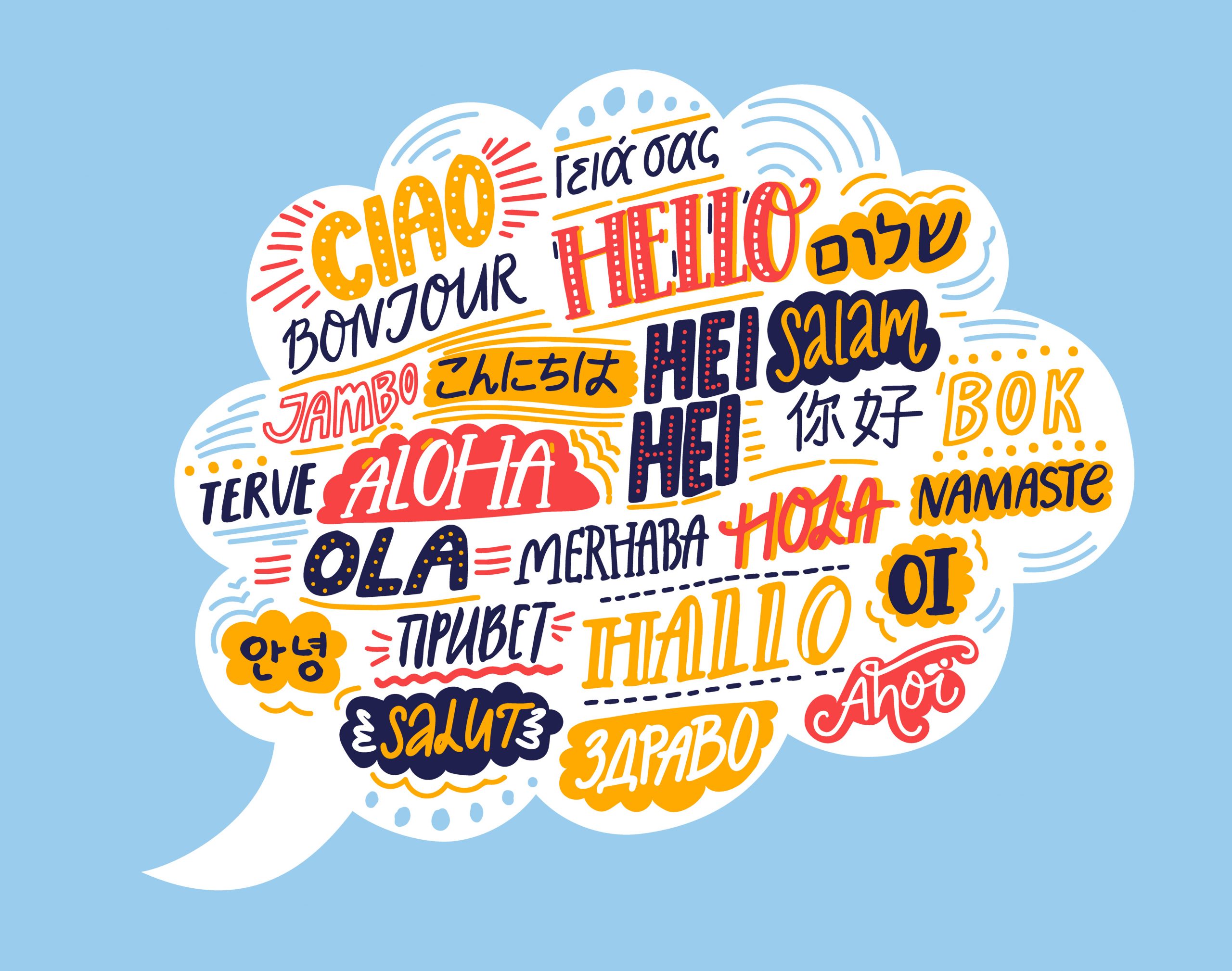 Hello in different languages. Speech bubble cloud with handwritten words. French bonjur, spanish hola, japanese konnichiwa, chinese nihao, indian namaste, korean annyeong. Concept illustration of international community