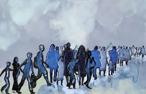 En akvarell av en rekke flyktninger på vandring