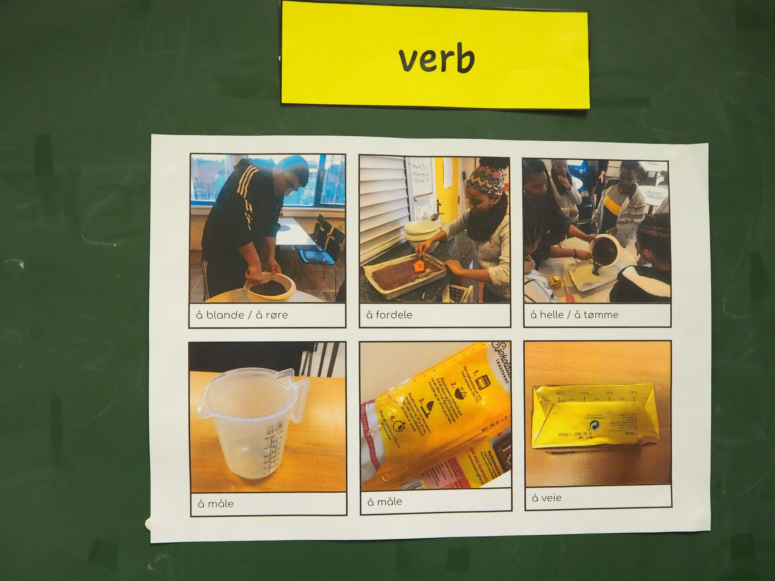 Foto av en plakat på en vegg. Over plakaten står det verb. På plakaten er det seks ulike foto som skal visualisere seks verb. Tekst under bildene: å blande, å fordele, å helle, å måle, å måle, å veie.