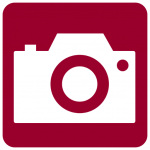 Logo Bildetema. Illustrasjon av et fotoapparat på burgunder bakgrunn. 