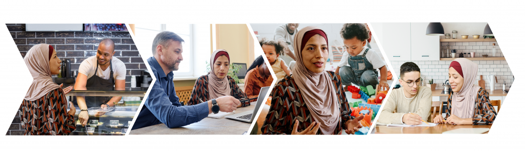 Foto som viser fire ulike læringsarenaer, der en deltaker lærer norsk. Bilde 1 i butikken, bilde 2 på en skole, bilde 3 i en barnehage og bilde 4 hjemme på et kjøkken med lekser. Bildene er formet som en pil som peker i samme retning.