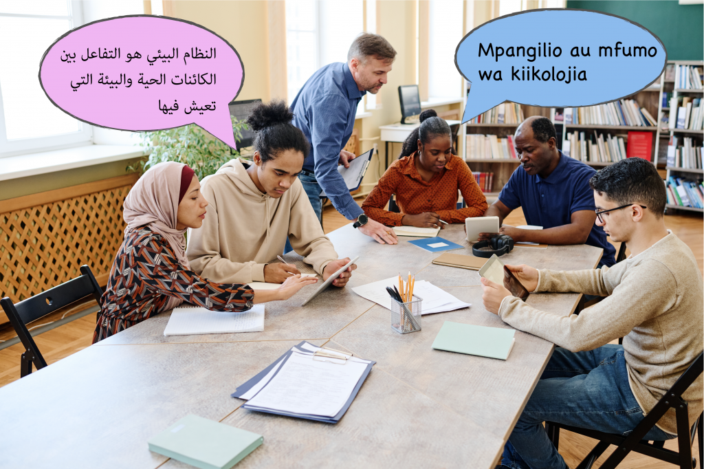 Bilde av deltakere i voksenopplæringen som sitter rundt et bord. OVer to av deltakerne er det tegnet snakkebobler. I den ene er det tekst på swahili og i den andre er det tekst på arabisk. Deltakerne bruker flere språk i klasserommet.