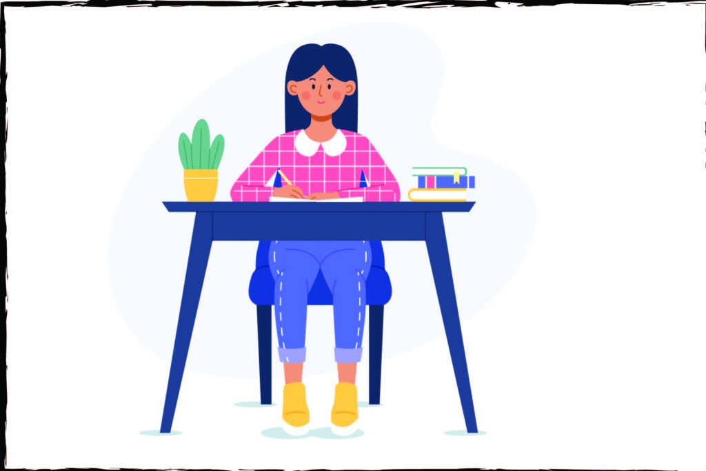 Illustrasjon av en elev som sitter ved en skolepult og skriver.