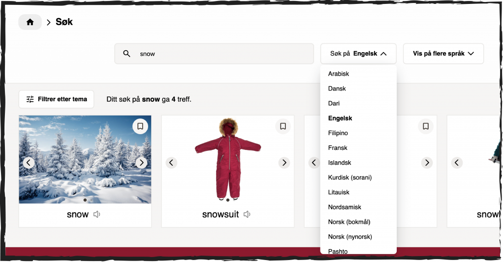Skjermdump fra nettsiden Bildetema. Foto av søkefunksjonen. I søkefeltet er det skrevet "snow". Under søkefeltet står teksten: Ditt søk ga fire treff. Under er ordet "snow" og "snowsuit" med illustrasjoner. Til høyre for søkefeltet er en nedtrekksmeny åpnet. Øverst i nedtrekksmenyen står det engelsk. Engelsk er språket som er brukt i søkefunksjonen. I nedtrekksmenyen står noen av språkene i Bildetema listet opp: Arabisk, dansk, dari, engelsk, filipino, fransk, islandsk, kurdisk (sorani), litauisk, nordsamisk, norsk (bokmål), norsk (nynorsk), pashto. 
