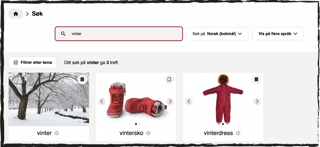 Skjermbilde fra nettsiden Bildetema. Bildet viser en ny søkefunksjon i Bildetema. Øverst til venstre i bildet står det skrevet søk. I et søkerfelt og tekstrute under ordet søk er det skrevet vinter. Under søkefeltet står det: Ditt søk på vinter ga tre treff. Nederst i bildet er det vises de tre treffene med bilder. Det er ordene vinter, vintersko og vinterdress. 
