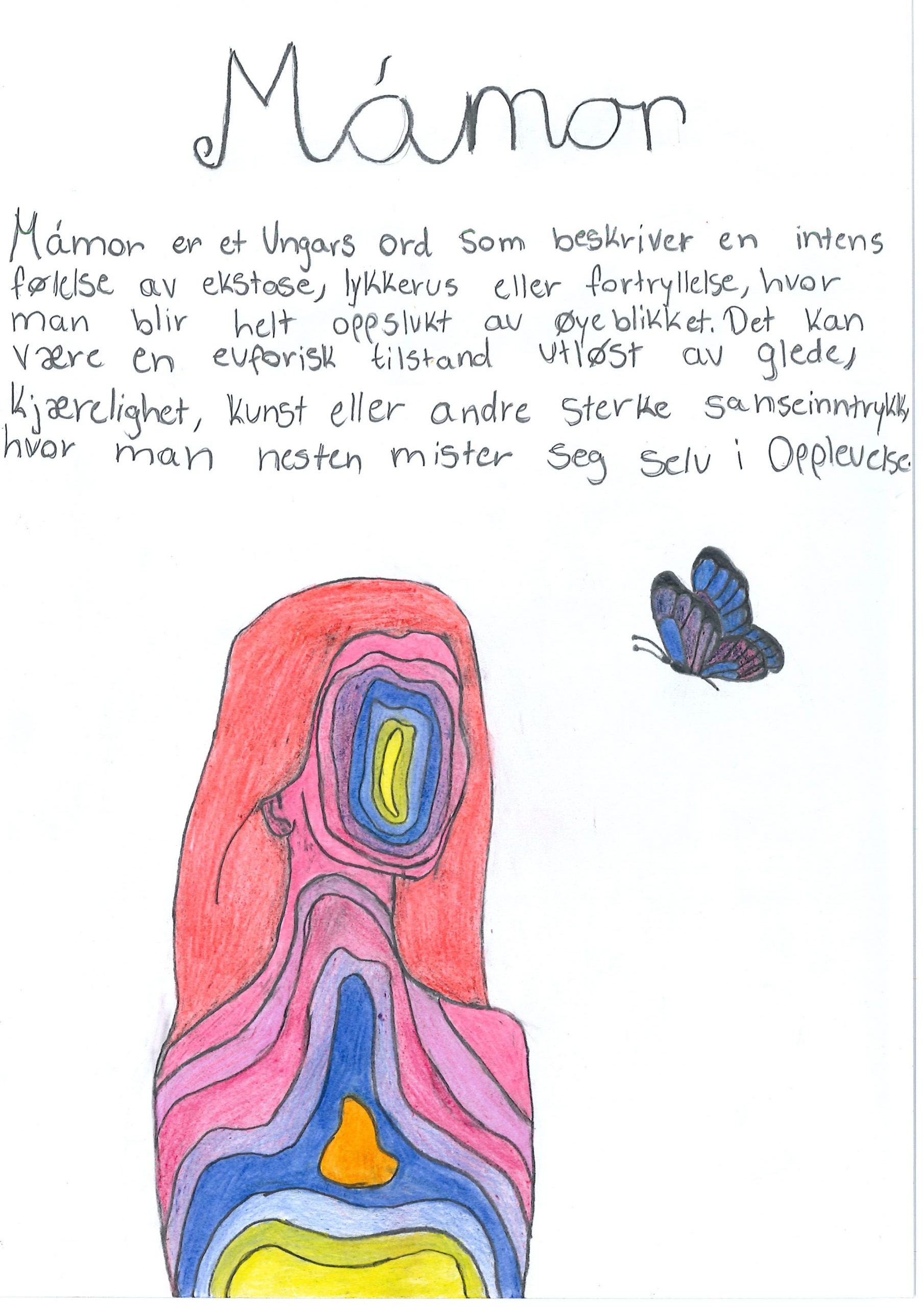 Illustrasjon av et overkropp til et menneske. Mennesket består av mange lag med farger. Ansiktstrekkene er ikke synlige,  men dekt av ulike ringer med farger, gul, lys blå, mellomblå, lilla, rosa. Hodet er omkranset av rødt hår. Kroppsformen er også fylt med farger. som følger formen på overkroppen, grønn, blå, oransj, lilla, rosa i ulike nyanser. Mennesket er vendt mot en sommerfugl som flyr i lufta.
