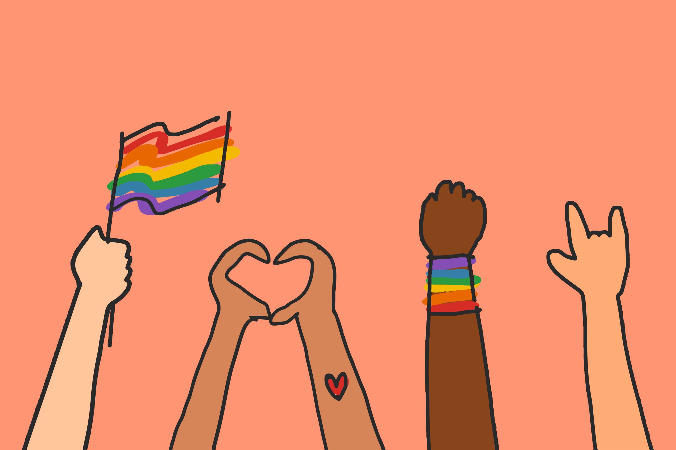 Tegning av en hånd som holder et pride-flagg, to hender som lager et hjertesymbol, en hånd med pride-armbånd og en hånd som lager tegnet for "jeg elsker deg" på tegnspråk