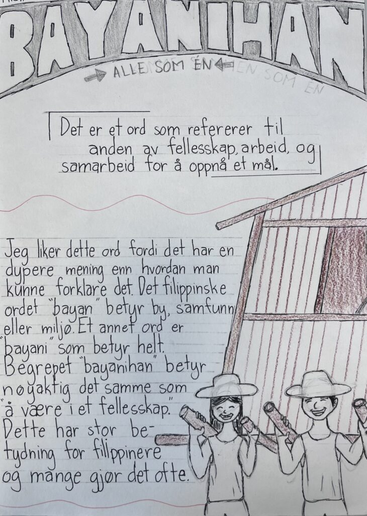 Illustrasjon i blyant av ordet Bayanihan. To personer bærer et stillas av stokker. På stillaset står et hus. Personene smiler og er fornøyde til tross for det tunge arbeidet.