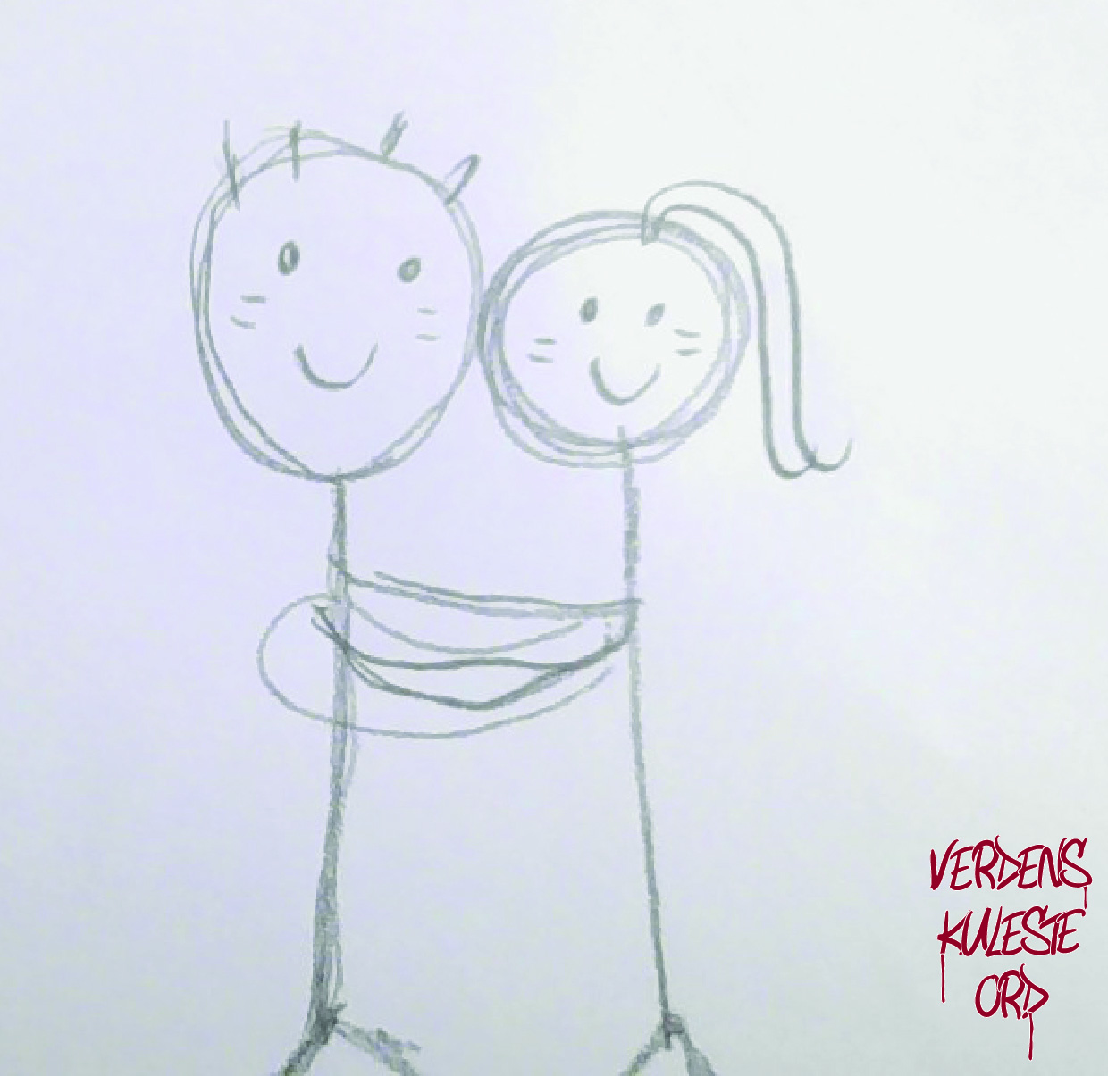 Blyantegning av to strekmennesker som holder rundt hverandre.