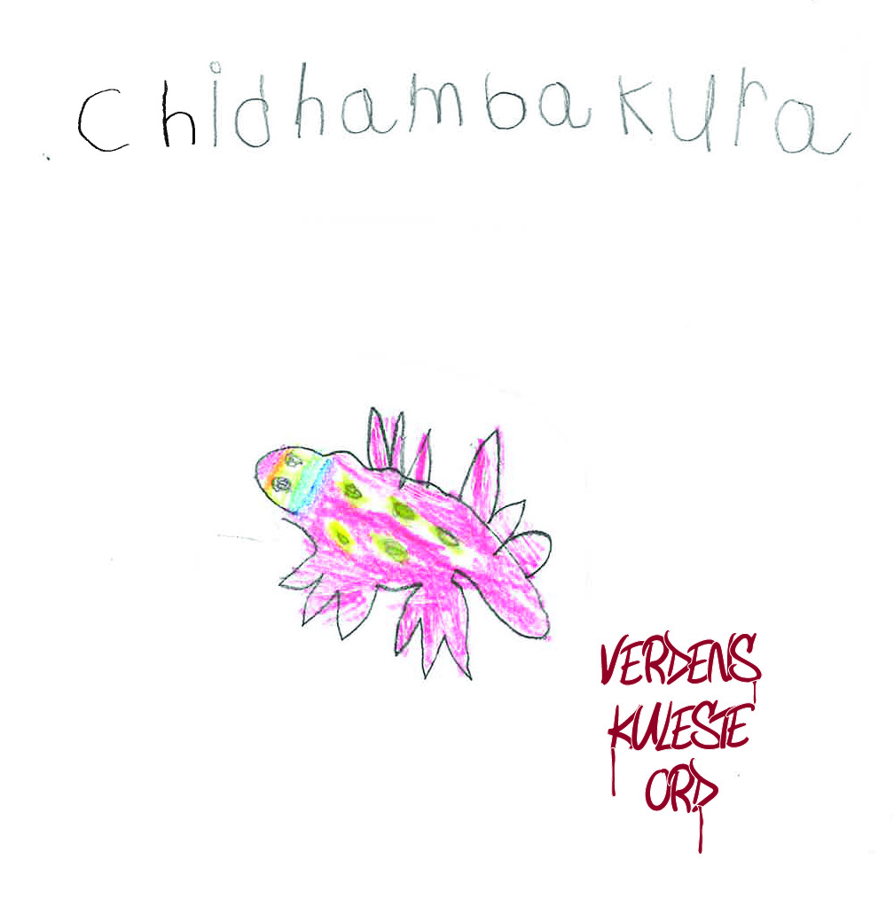 Illustrasjon i blyant. En fargerik øgle i rødt, med grønne prikker og en blå og en gul stripe. Over øgla er det skrevet chidhambakura