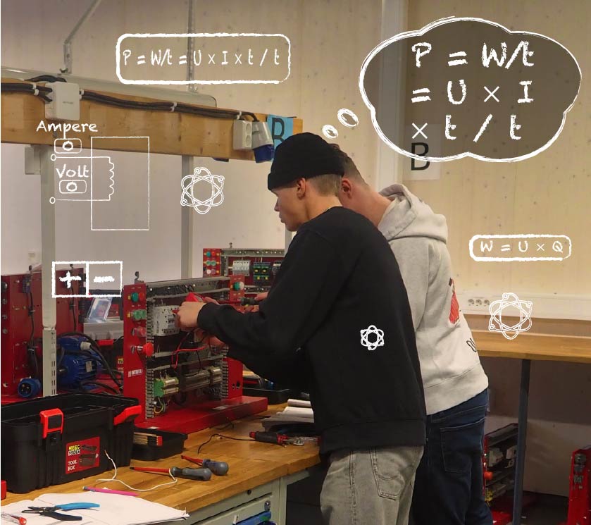 Foto av en elev på et verksted for elfag. Eleven kobler et sikringsskap. Rundt eleven er det tegnet ulike former for effekt, elektresistet osv. Bildet illustrerer at eleven har en kognitivt utfordrende oppgave.