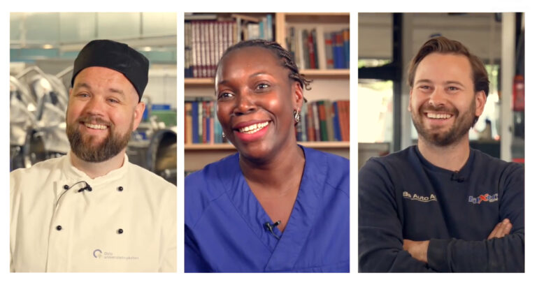 Skjermdump fra en film. Det er bilde av tre instruktører i bedrift. Fra venstre en kokk, en helsefagarbeider og en bilmekaniker.