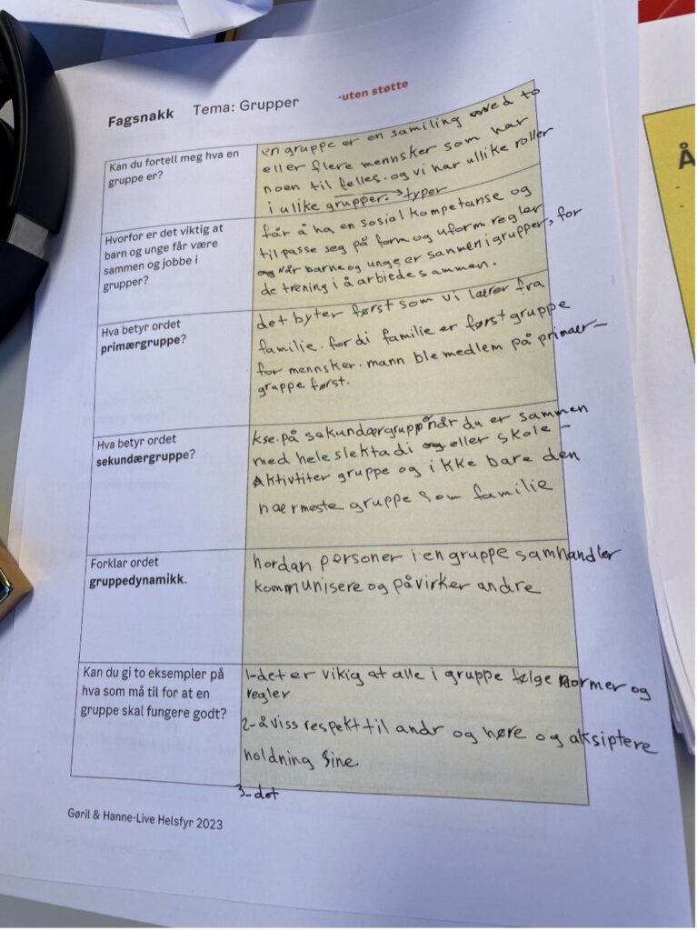 Foto av et fagsnakkark. Fagsnakkarket er en tabell. I den ene kolonnen er det trykte spørsmål. I den andre kolonnen har elevene selv skrevet svar på spørsmålene for hånd.