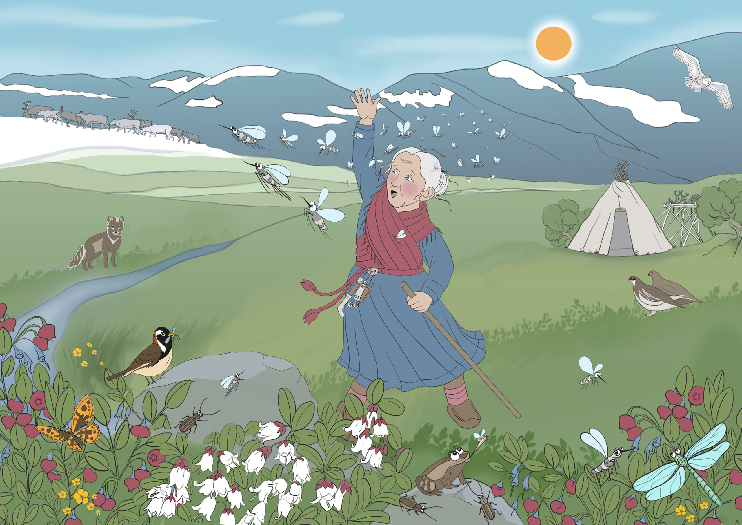 Illustrasjon av eldre dame på vidda som jager mygg